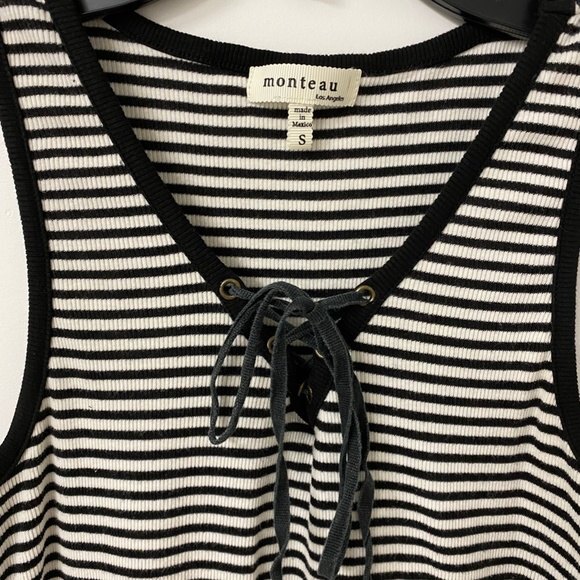 Monteau Los Angeles Striped V-Neck Tie Front Tank Top. Black/White. Small. - Picture 3 of 6